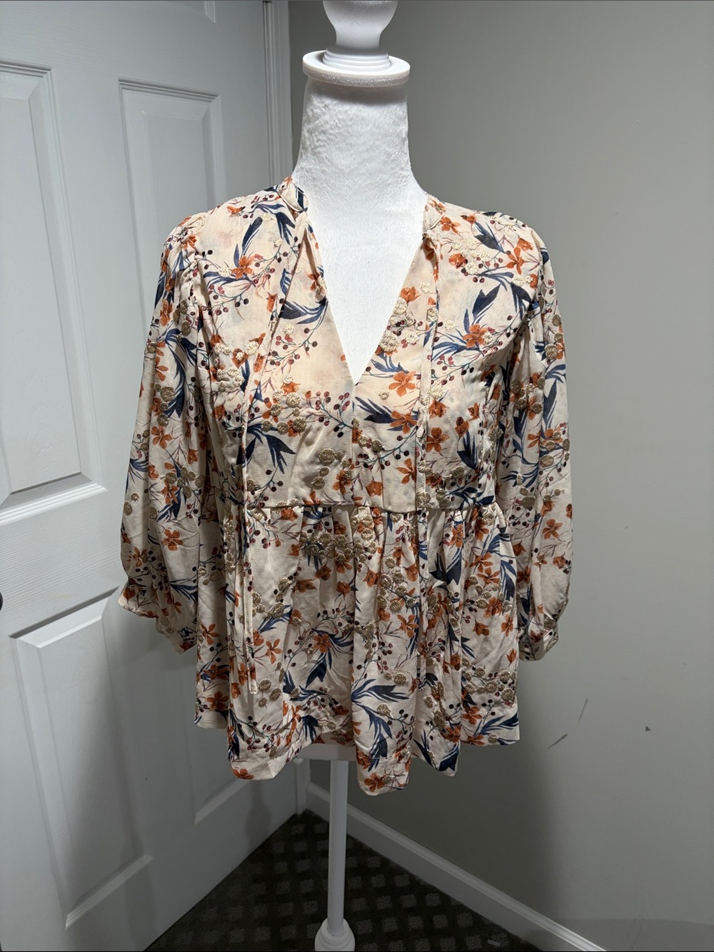 Dear John Cream Floral Pintuck Blouse with Navy & Brown Print